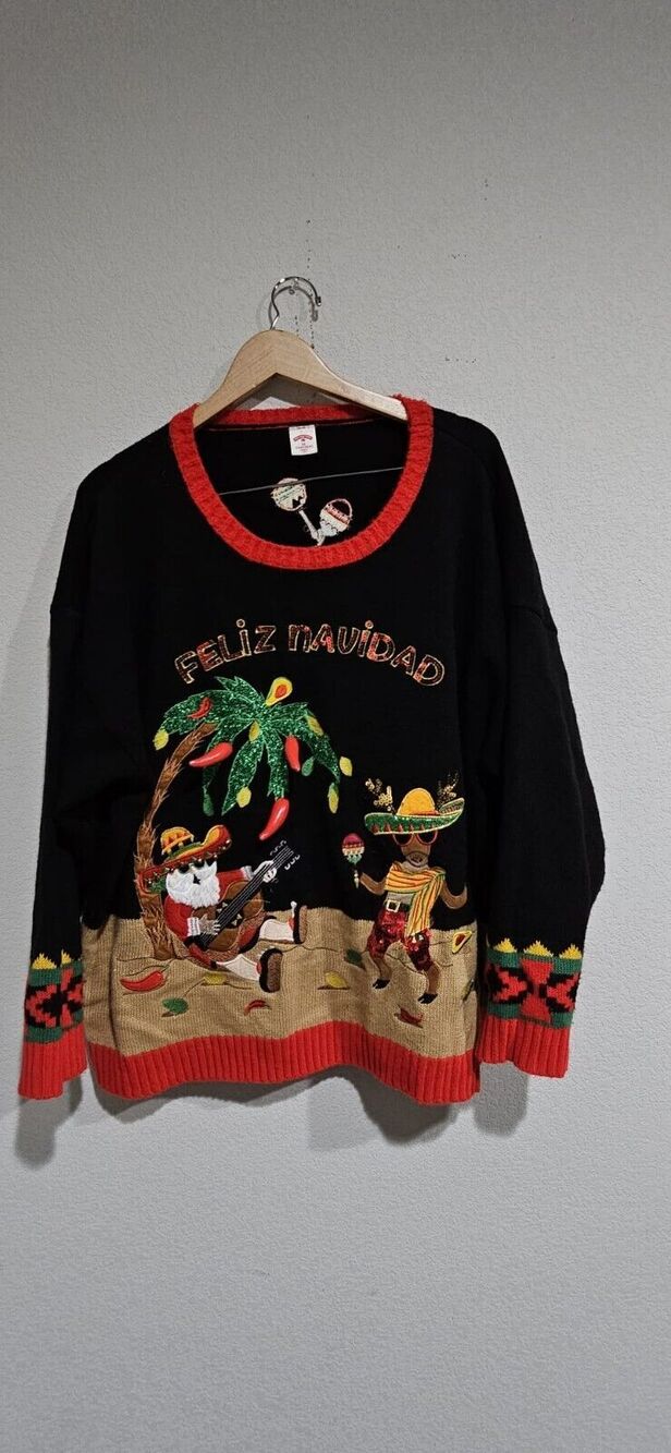 UGLY CHRISTMAS SWEATER FELIZ NAVIDAD BLACK WOMENS 3X Holiday Time~Christmas